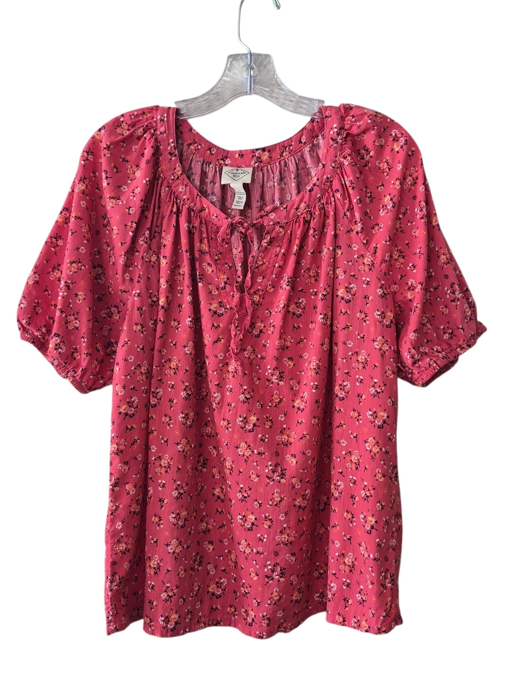 St. John's Bay Peasant Blouse Women's L Pink Floral Boho Cottagecore Puff Sleeve
